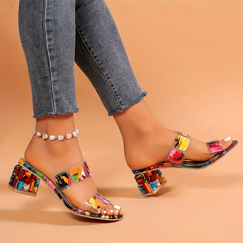 Colorful Floral Pattern Slip-On High Heel Sandals for Women - Open Toe, Thick Platform Sole, Synthetic Cover, Comfortable & Stylish Casual Summer Shoes, Chunky Heel Sandals