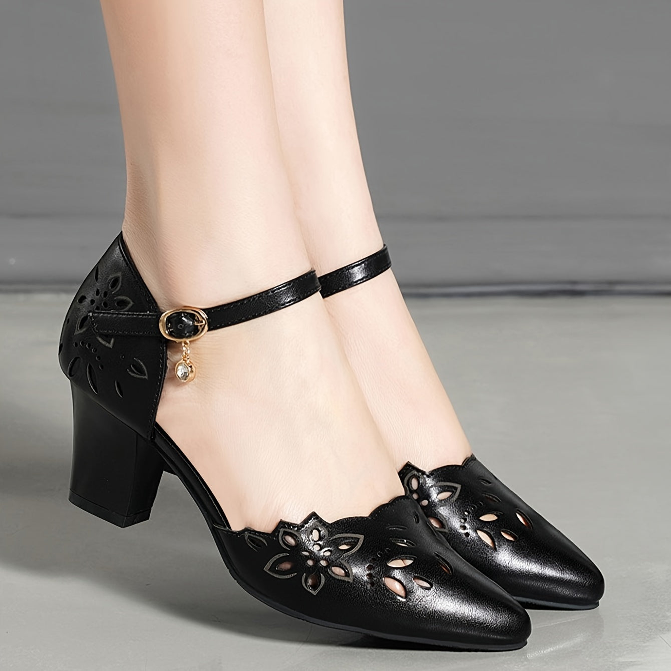 Elegant Cut-Out Women's Pumps with Crystal Embellishment, High Block Heel, Pointed Toe, Single Ankle Strap, Summer Season, Man-Made Upper, Lining & Insole, Rubber Sole