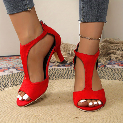 Elegant Red Stiletto Heels for Women - Sexy Back Zipper, Open Toe, High Heel Fashion Shoes with Black Accents, All-Season Wear