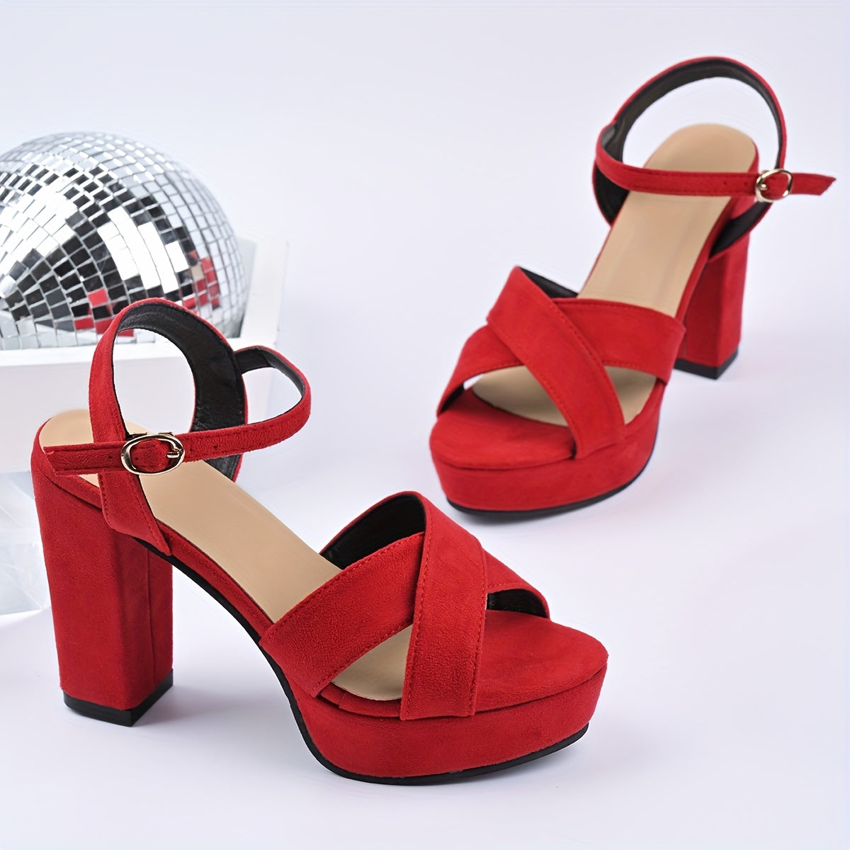 Women'S Stylish Red High-Heel Sandals with Buckle Closure - Elegant Block Heel, Open Toe Design, Perfect for Summer and All Seasons, Fashionable Footwear|Elegant Heel Sandals|Durable Footwear
